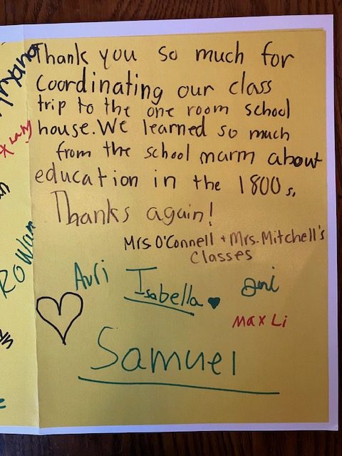 Image of a handmade card from local students thanking the Irondale Schoolhouse and Mrs. Webb, the School Marm.